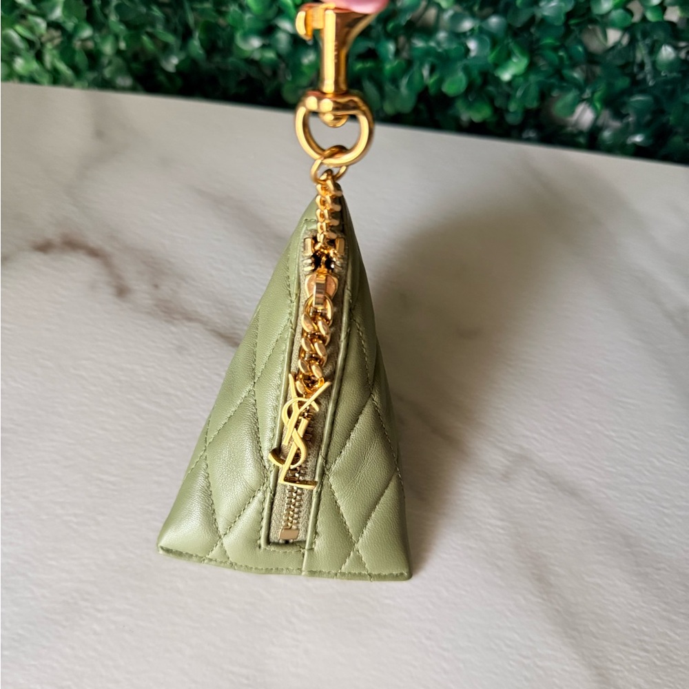 Saint Laurent YSL Quilted Green Triangle Pouch with Gold Chain Bag Charm